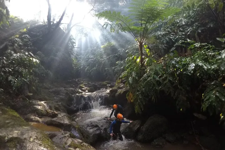 Two people canyoning in a rocky stream with sunbeams filtering through trees